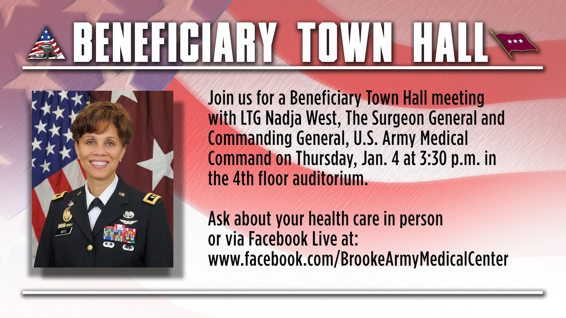Lt. Gen. Nadja West, Army Surgeon General, holds a beneficiary town hall at 3:30 p.m. Jan. 4 at the fourth-floor auditorium at Brooke Army Medical Center at Joint Base San Antonio-Fort Sam Houston.