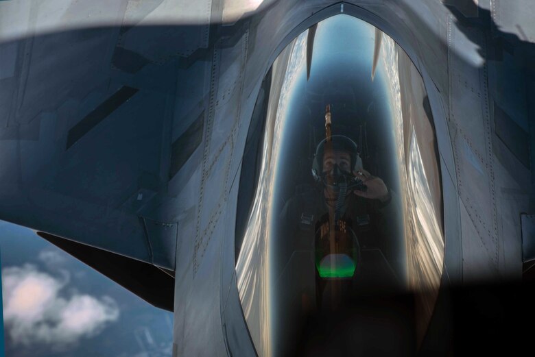 A U.S. Air Force F-22 from the 94th Fighter Squadron and 1st Fighter Wing disengages after refueling from a KC-10 Extender while in transit back to Joint Base Langley-Eustis, Va. after participating in Red Flag 17-4 Aug. 26, 2017. Red Flag is a realistic combat training exercise involving the air, space and cyber forces of the United States and its allies that will run from August 14-25, 2017 at Nellis Air Force Base, Nev. (U.S. Air Force Photo/Staff Sgt. Carlin Leslie)
