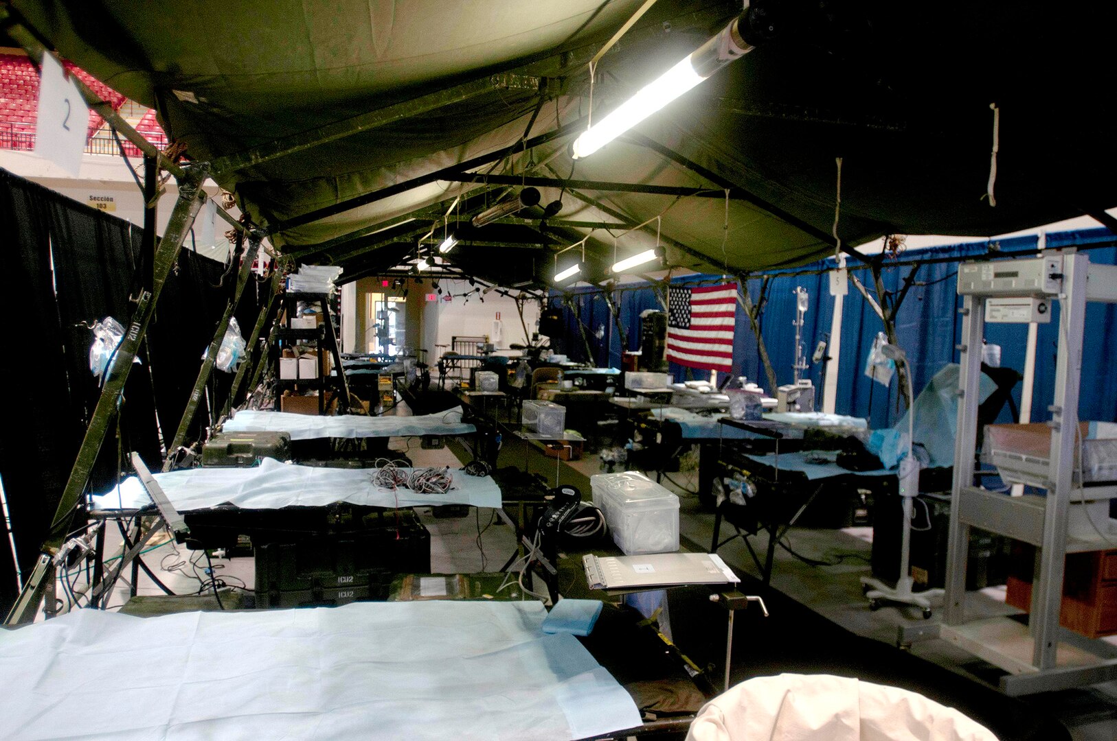 A 12-bed intensive care unit is set up for patients as part 14th Combat Support Hospital, 44th Medical Brigade's field hospital at Humacao Arena in Humacao, Puerto Rico Oct. 16, 2017. The 14th CSH's mission is to provide lifesaving support and patient care to citizens in the southeast region of the island.