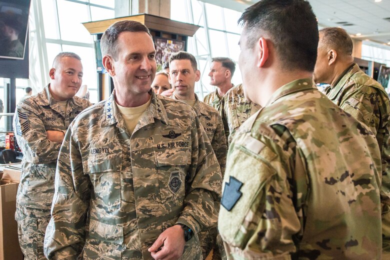 U.S. Air Force General Joseph L. Lengyel, Chief of the National Guard Bureau and member of the Joints Chiefs of Staff, visits with Soldiers and Airmen who are staying at FedExField in support of the 58th Presidential Inauguration, in Washington D.C., Jan. 19, 2017. 3,500 Guardsmen stayed at FedExField while supporting the 58th Presidential Inauguration where Donald J. Trump will be sworn in as the 45th President of the United States. 7,500 National Guardsmen from 44 states, three territories and the District of Columbia assigned to Joint Task Force D.C. are to provide traffic management, crowd management, security and logistics support during the inauguration period. (National Guard photo by Staff Sgt. Patrick P. Evenson, JTF-DC.)