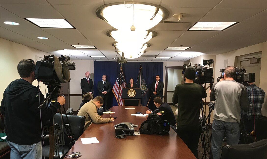 Indictment charges against three Chinese hackers are announced during a news conference Nov. 27, 2017, in the  Western District of Pennsylvania.