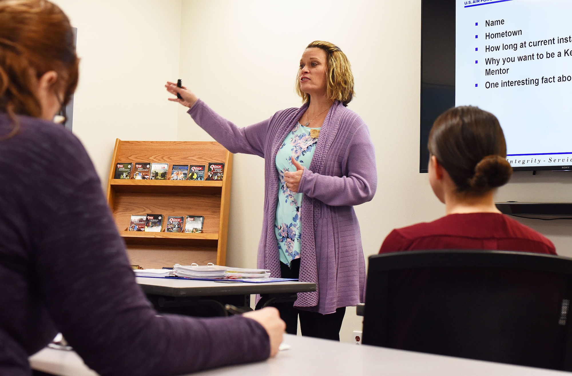 As the key spouse group coordinator, Dawn Beal conducts orientation sessions. She begins the session with an icebreaker for volunteers Dec. 28, 2017, at the Airman and Family Readiness Center, Malmstrom Air Force Base, Mont.
