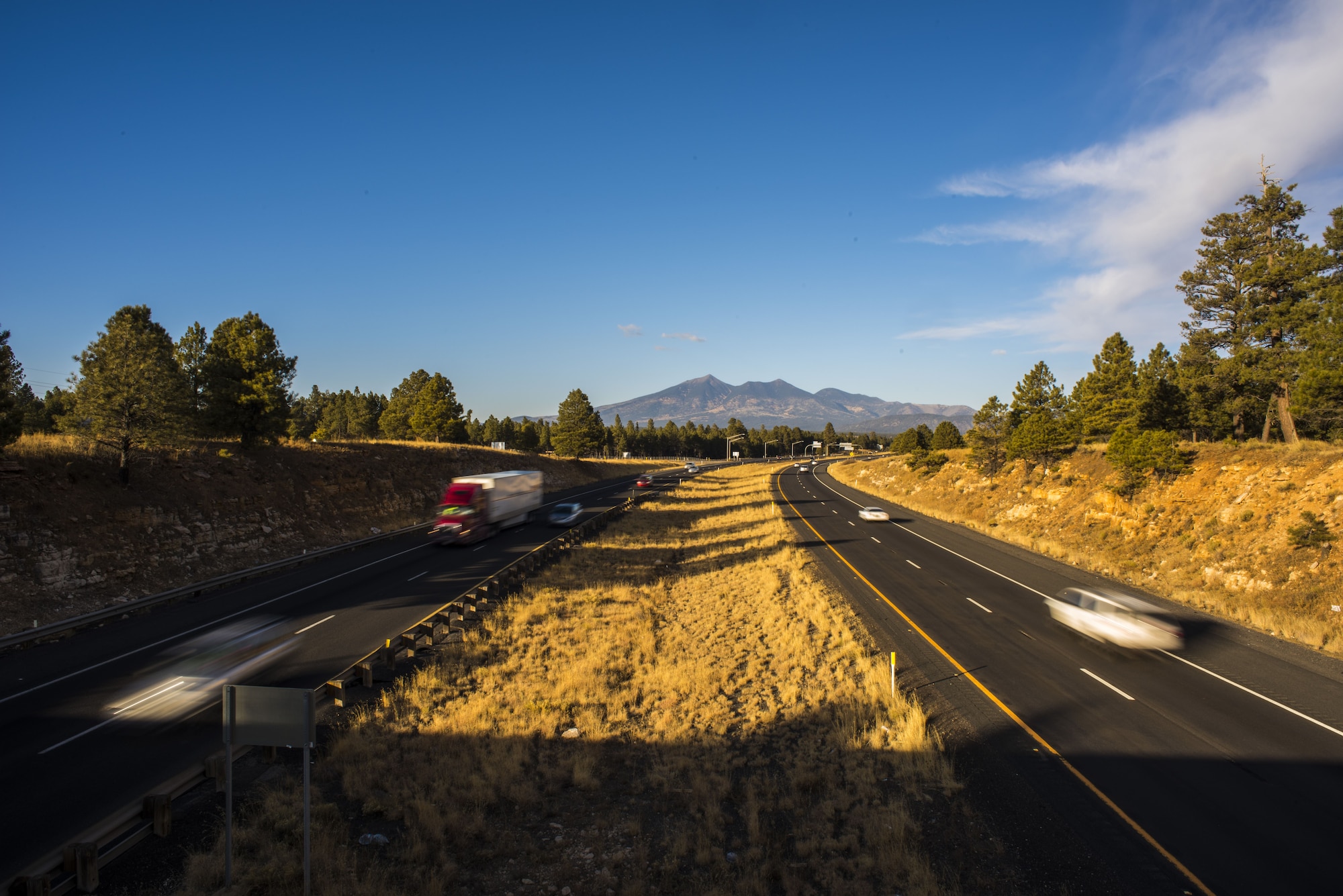 The San Francisco peaks are viewed from Interstate 17 leading towards Fort Tuthill in Flagstaff, Ariz., Dec. 16, 2017. The Fort Tuthill Military Recreation Area comprises approximately 15 acres of cabins, tent grounds, RV sites, yurts, trails, and a hotel, all within the greater Fort Tuthill County Park. (U.S. Air Force photo/Airman 1st Class Caleb Worpel)