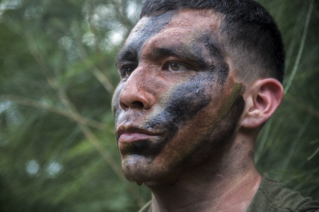 Sweat droplets cover the face of a Marine wearing camouflage paint.