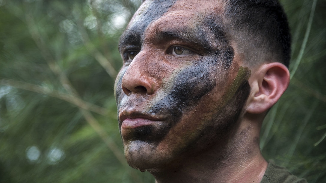 Sweat droplets cover the face of a Marine wearing camouflage paint.