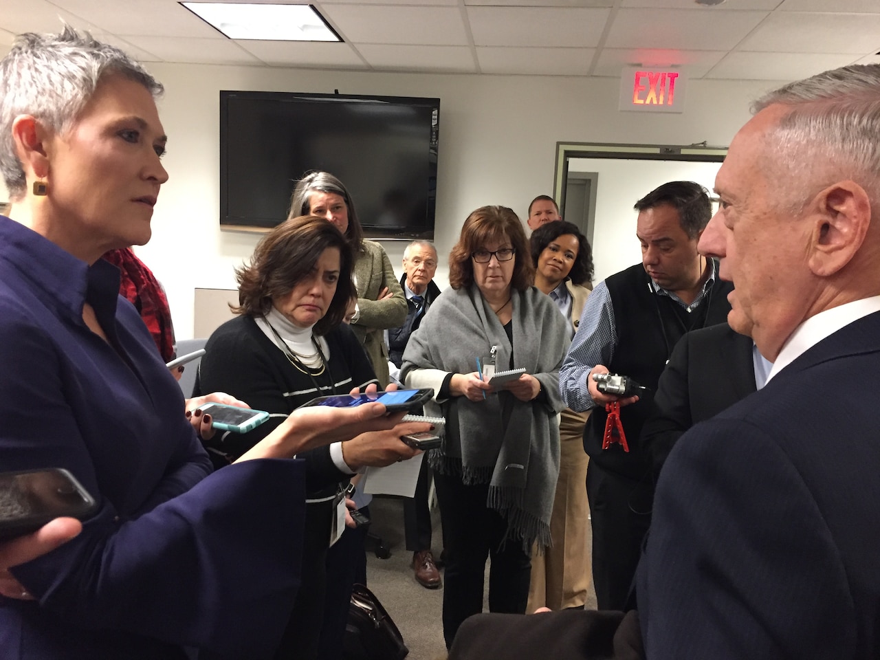 Defense Secretary James N. Mattis speaks with reporters at the Pentagon during an impromptu visit to the press area, Jan. 4, 2018.