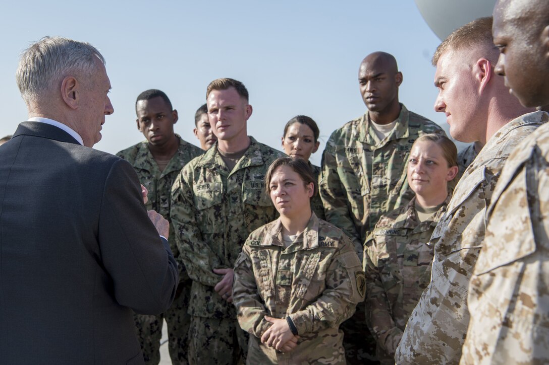 Defense Secretary James N. Mattis talks to troops.