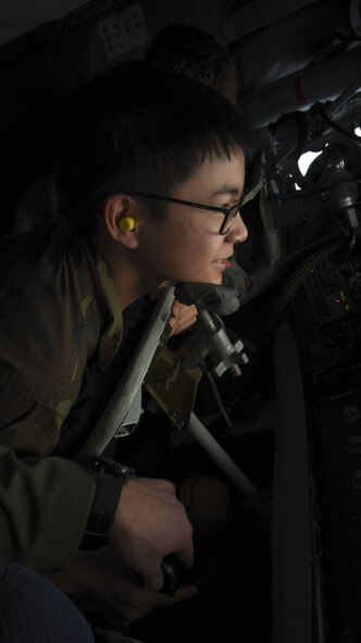 A Civil Air Patrol cadet controls the boom from the boom operator’s position following an air refueling mission over Germany, Dec. 19, 2017. The Civil Air Patrol mission overseas highly emphasizes the cadet program and aerospace education. (U.S. Air Force photo by Senior Airman Kelly O’Connor)