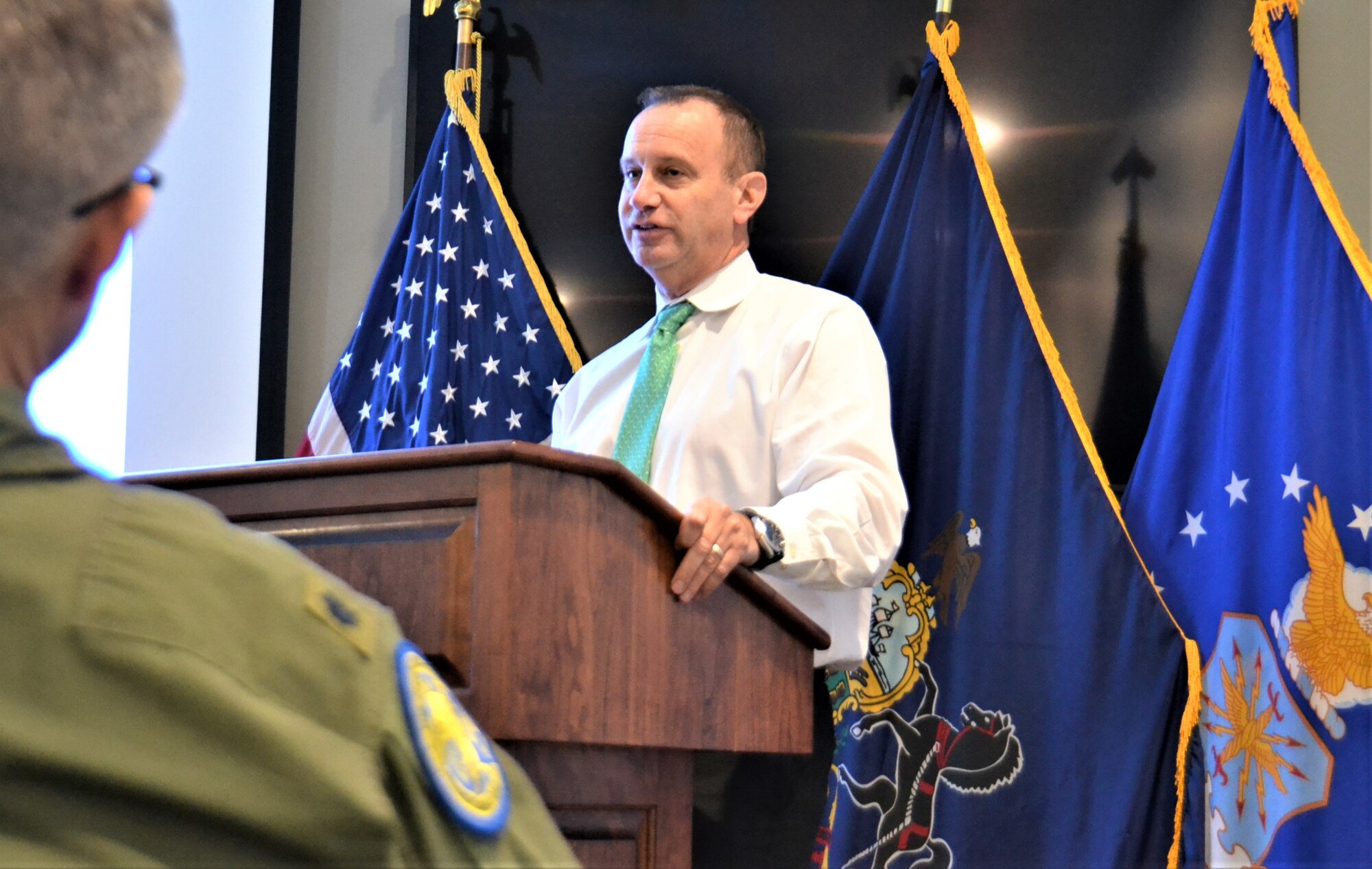 Dr. Richard E. Friedenheim, Abington Pulmonary and Critical Care Associates Sleep Disorder Center medical director, speaks about sleep disorders to an audience composed predominately of 111th Operations Group members, Dec. 12, 2017, Horsham Air Guard Station, Pa. Mission requirements of 111th OG members often result in operating on a shift-work schedule, which may potentially lead to sleep disorders. (U.S. Air National Guard photo by Tech. Sgt. Andria Allmond)