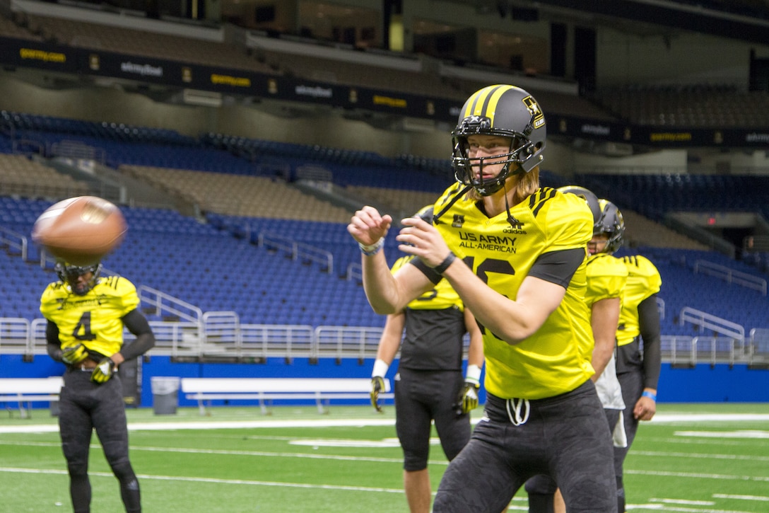 Trevor Lawrence, a football player in the U.S. Army All-American Bowl and a student at Cartersville High School in Cartersville, Ga., practices in the Alamodome in San Antonio.