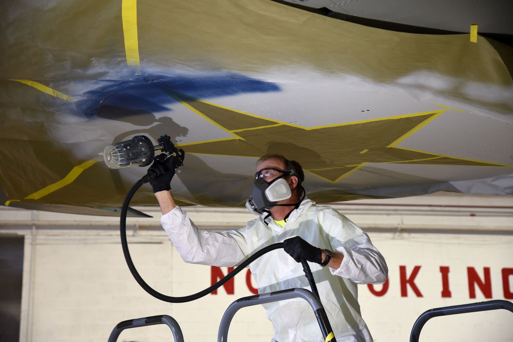 DAYTON, Ohio (12/06/2017) -- National Museum of the U.S. Air Force restoration crews continue the painting process on the Boeing B-17F Memphis Belle™. Plans call for the aircraft to be placed on permanent public display in the WWII Gallery here at the National Museum of the U.S. Air Force on May 17, 2018. (U.S. Air Force photo by Ken LaRock)