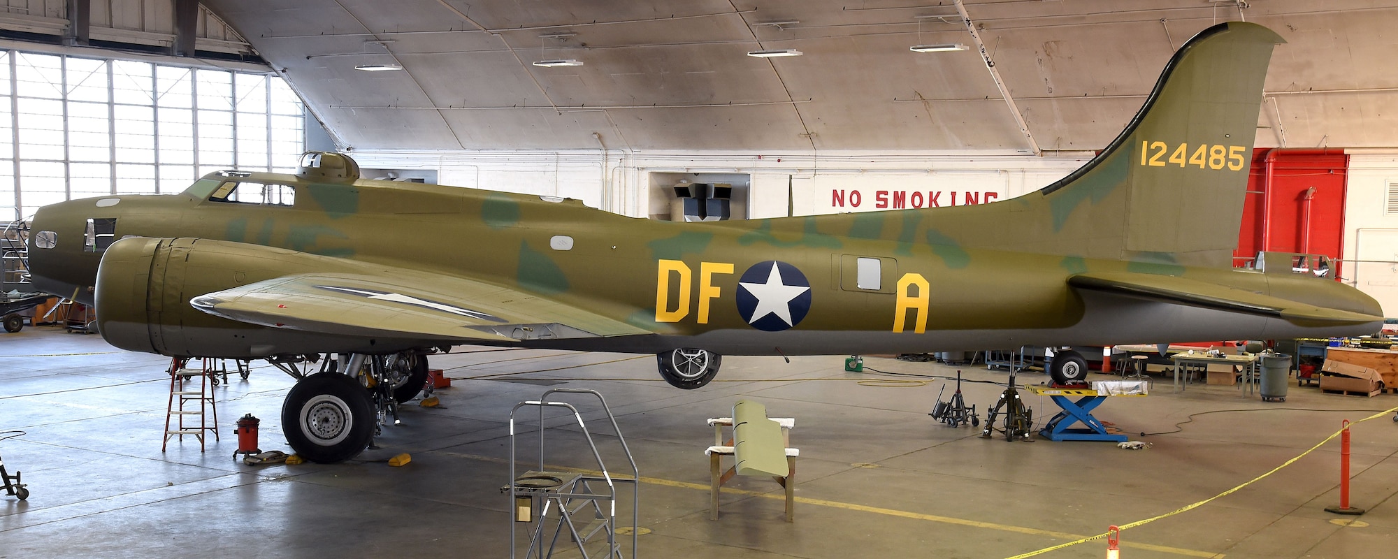 DAYTON, Ohio (12/06/2017) -- National Museum of the U.S. Air Force restoration crews continue the painting process on the Boeing B-17F Memphis Belle™. Plans call for the aircraft to be placed on permanent public display in the WWII Gallery here at the National Museum of the U.S. Air Force on May 17, 2018. (U.S. Air Force photo by Ken LaRock)