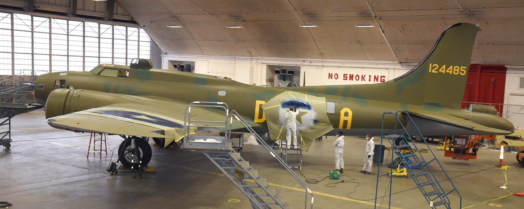 DAYTON, Ohio (12/06/2017) -- National Museum of the U.S. Air Force restoration crews continue the painting process on the Boeing B-17F Memphis Belle™. Plans call for the aircraft to be placed on permanent public display in the WWII Gallery here at the National Museum of the U.S. Air Force on May 17, 2018. (U.S. Air Force photo by Ken LaRock)