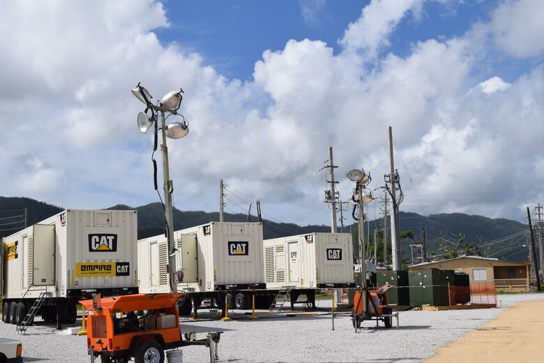 The microgrid temporary power system continues to supply critical power in Maunabo, Puerto Rico, until the town’s main grid is back online. “A microgrid can take many forms,” said USACE Task Force Power Restoration Operations Officer Capt. Aaron Anderson. “We are taking one or more 1,850 kilowatt generators, the huge ones you find powering hospitals and big box stores, and with the use of transformers, set up at a site. We then hook directly into the Puerto Rico Electric Power Authority infrastructure through a substation or directly into the main grid, and push power to a variety of facilities that are on the line that haven’t been damaged and can accept it.”