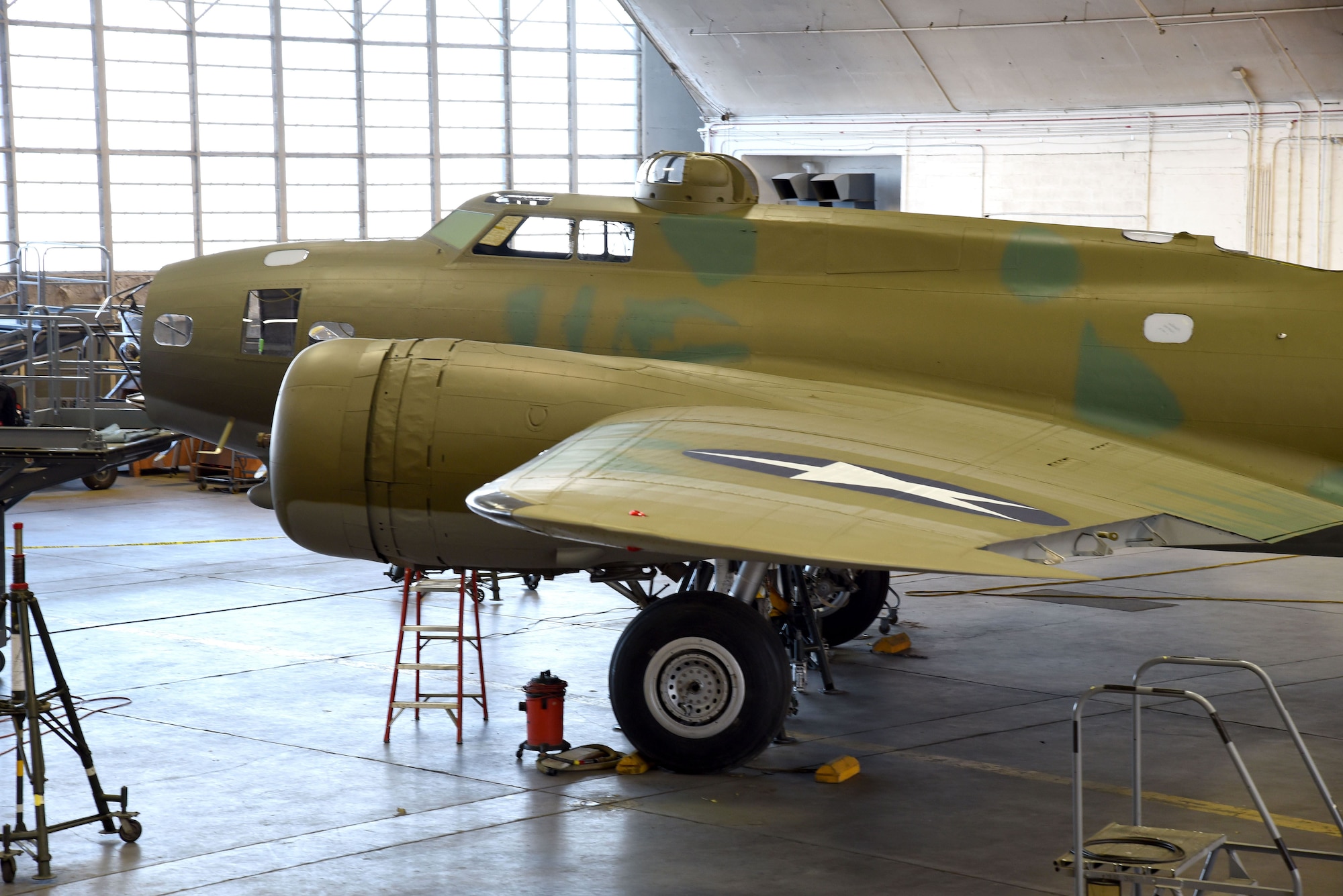 DAYTON, Ohio (12/27/2017) -- A view of the Boeing B-17F Memphis Belle™ in the museum's restoration hangar. Plans call for the aircraft to be placed on permanent public display in the WWII Gallery here at the National Museum of the U.S. Air Force on May 17, 2018. (U.S. Air Force photo by Ken LaRock)