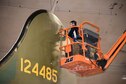 DAYTON, Ohio (12/28/2017) -- National Museum of the U.S. Air Force restoration crews install the flight control surfaces on the Boeing B-17F Memphis Belle™. Plans call for the aircraft to be placed on permanent public display in the WWII Gallery here at the National Museum of the U.S. Air Force on May 17, 2018. (U.S. Air Force photo by Ken LaRock)