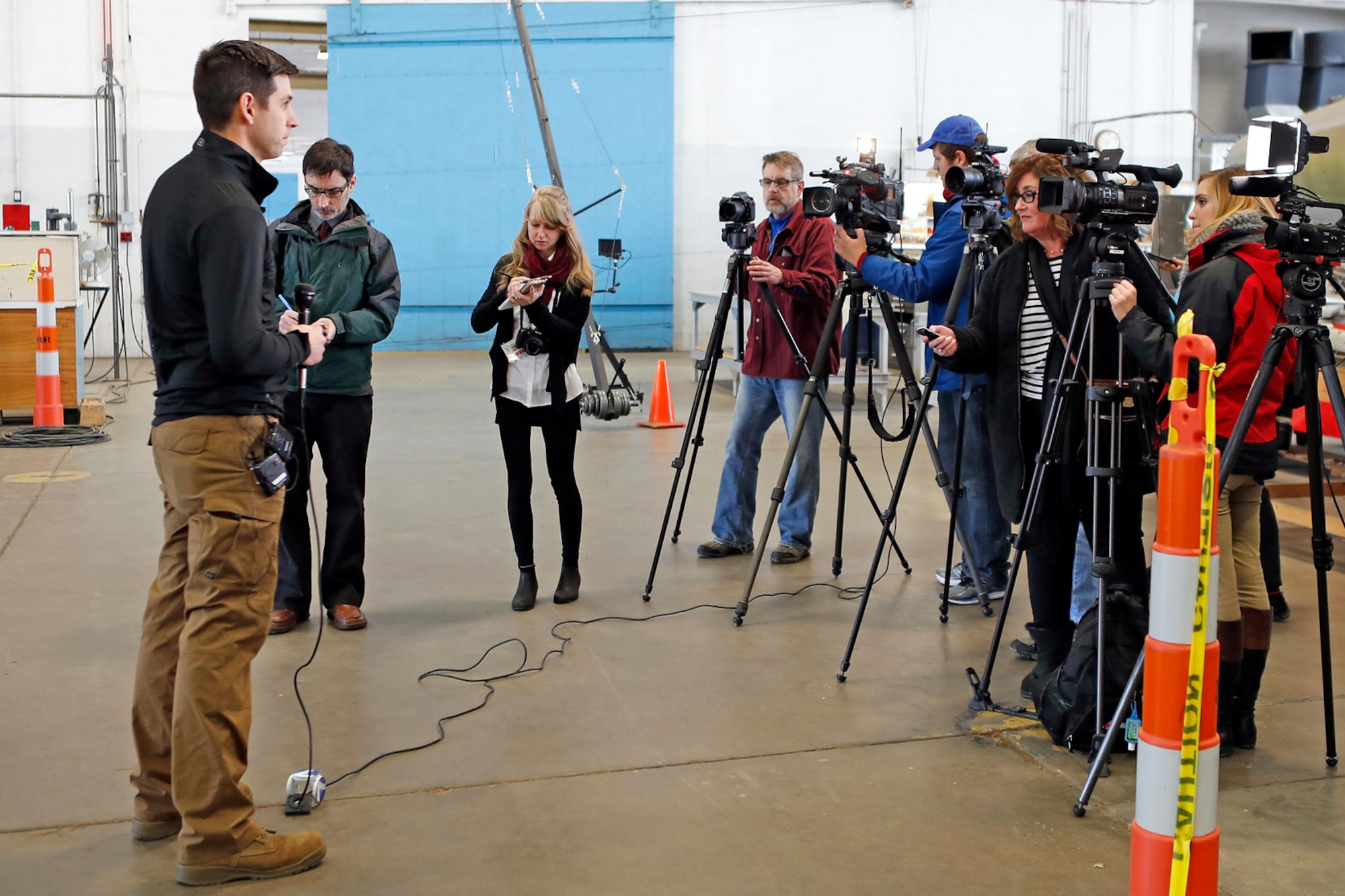 DAYTON, Ohio (01/04/2018) -- National Museum of the U.S. Air Force restoration specialist Casey Simmons speaks with the media about the Boeing B-17F Memphis Belle™. Plans call for the aircraft to be placed on permanent public display in the WWII Gallery here at the National Museum of the U.S. Air Force on May 17, 2018. (U.S. Air Force photo by Don Popp)