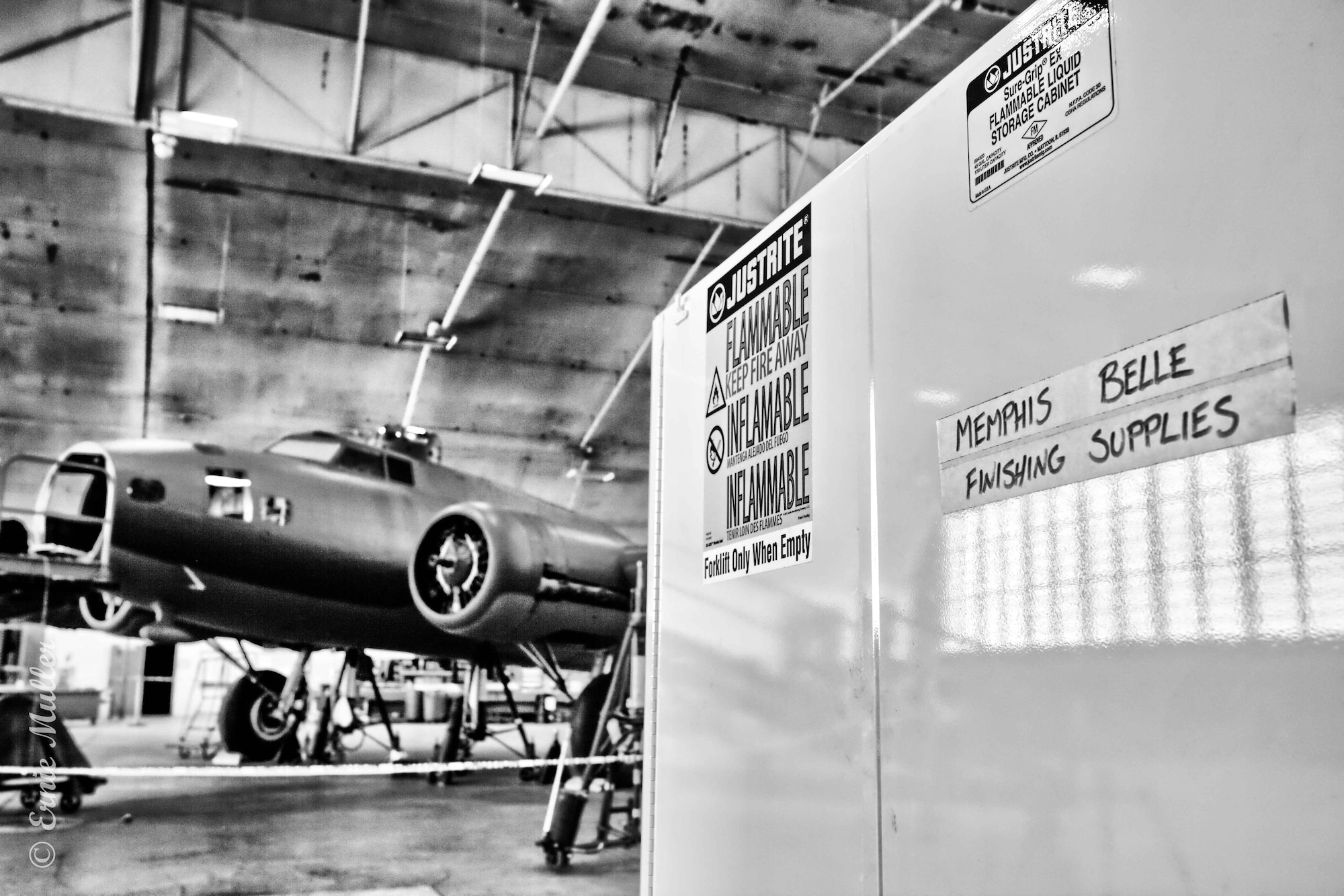 DAYTON, Ohio (01/04/2018) -- A view of the Boeing B-17F Memphis Belle™ in the museum's restoration hangar. Plans call for the aircraft to be placed on permanent public display in the WWII Gallery here at the National Museum of the U.S. Air Force on May 17, 2018. (U.S. Air Force photo by Ernie Muller)