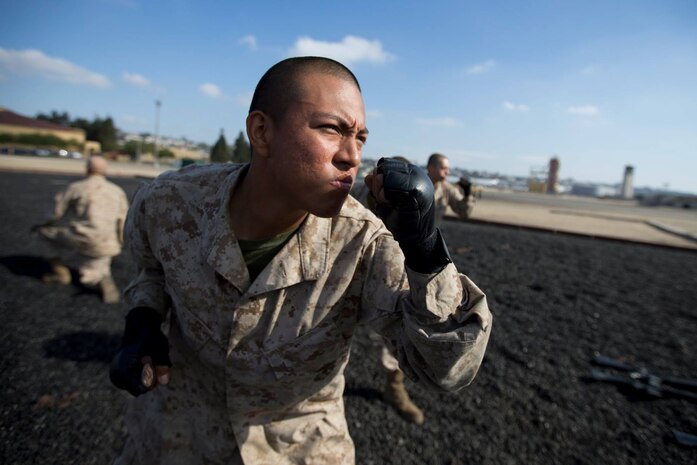 A recruit from Echo Company, 2nd Recruit Training Battalion, executes a
knife technique during a Marine Corps Martial Arts Program test at Marine
Corps Recruit Depot San Diego, Dec. 20. In addition to knife techniques, the
recruits learned chokes and counterstrikes. Annually, more than 17,000 males
recruited from the Western Recruiting Region are trained at MCRD San Diego.
Echo Company is scheduled to graduate Jan. 12.
Photo by: LCpl. Jose Gonzalez