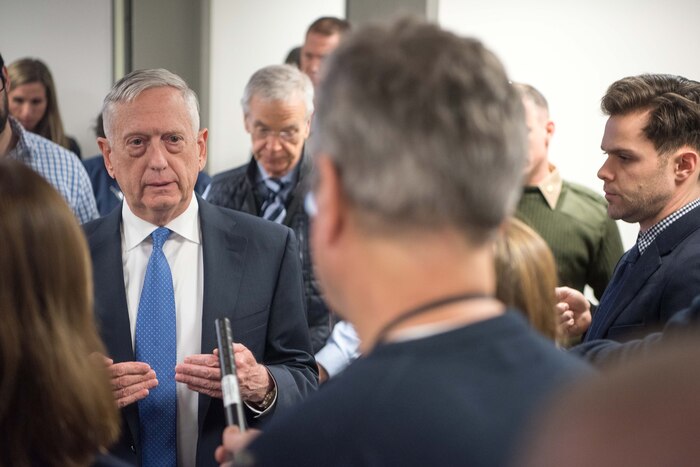 Defense Secretary James N. Mattis speaks with reporters.