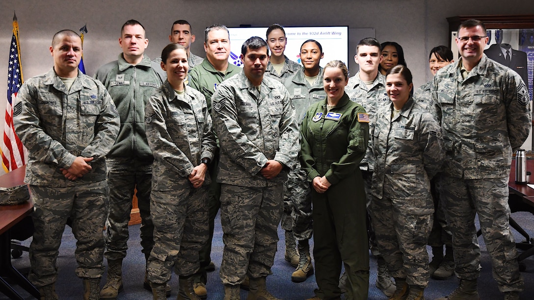 At right, Command Chief Master Sgt. Chad Welch, the highest ranking enlisted member in the 932nd Airlift Wing, welcomes the newest members of his unit to the Unit Training Assembly weekend.  He spoke about the various missions and opportunities throughout the Illinois unit during his portion of the January 6, 2017, special  newcomer's briefing at Scott Air Force Base, Ill.  (U.S. Air Force photo by Lt. Col. Stan Paregien)