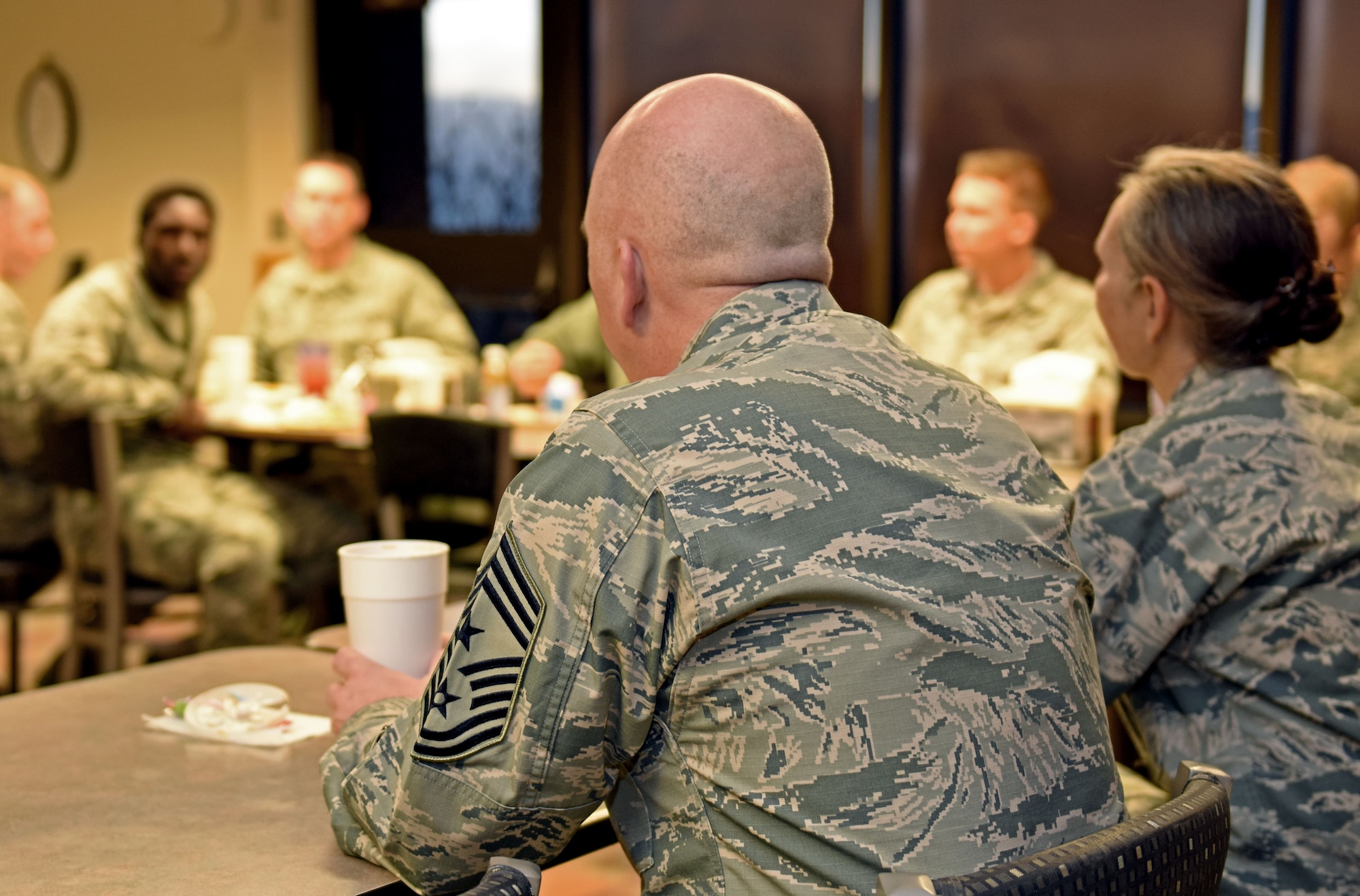Col. Traci Kueker-Murphy, 310th Space Wing commander, and Command Chief Master Sgt. Todd Scott met with Reserve Citizen Airmen, ranked E-1 through E-4, to discuss Air Force Reserve policy changes and answer any questions the Airmen might have on Sunday, Jan. 7, 2018.