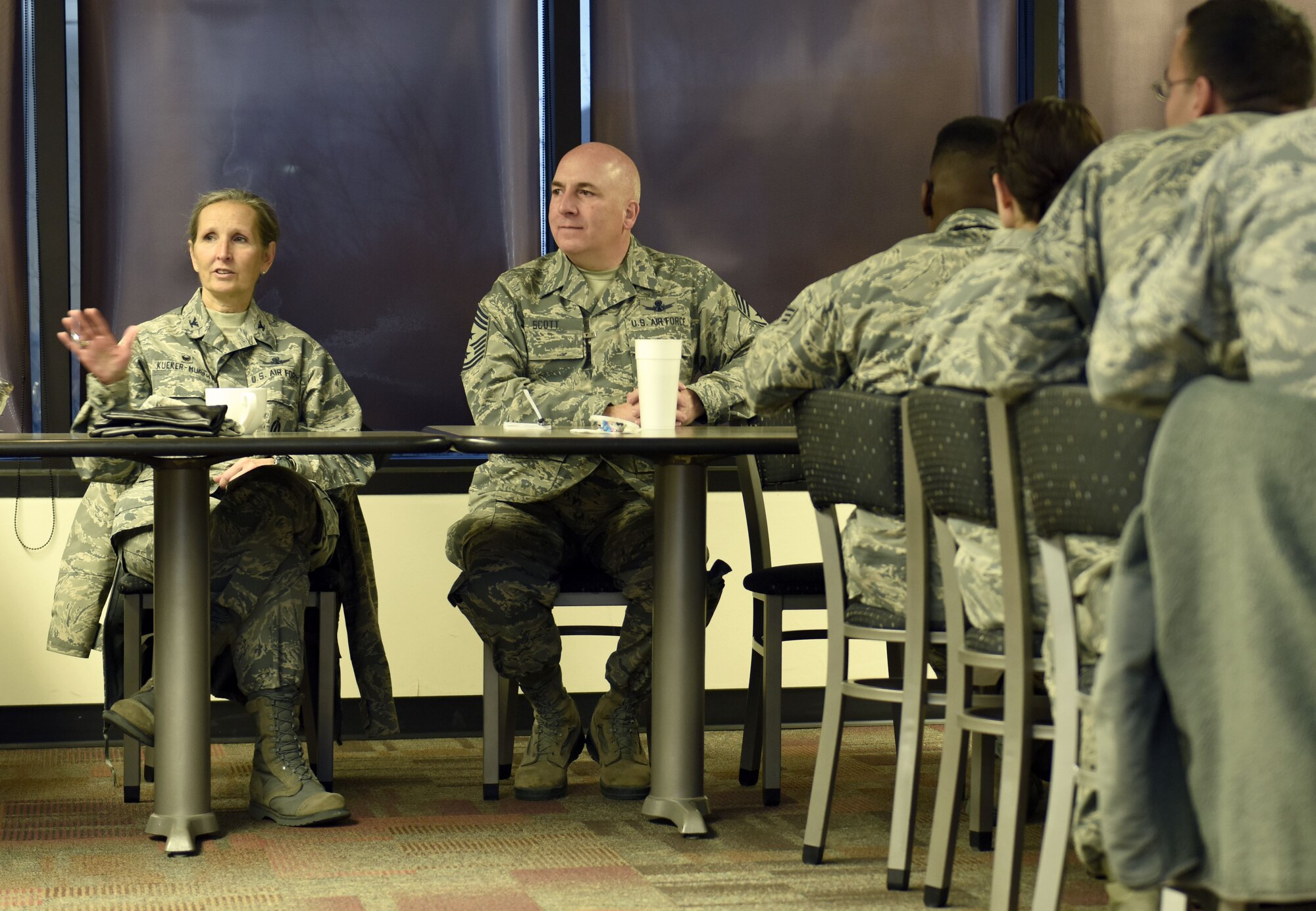 Col. Traci Kueker-Murphy, 310th Space Wing commander, and Command Chief Master Sgt. Todd Scott met with Reserve Citizen Airmen, ranked E-1 through E-4, to discuss Air Force Reserve policy changes and answer any questions the Airmen might have on Sunday, Jan. 7, 2018.