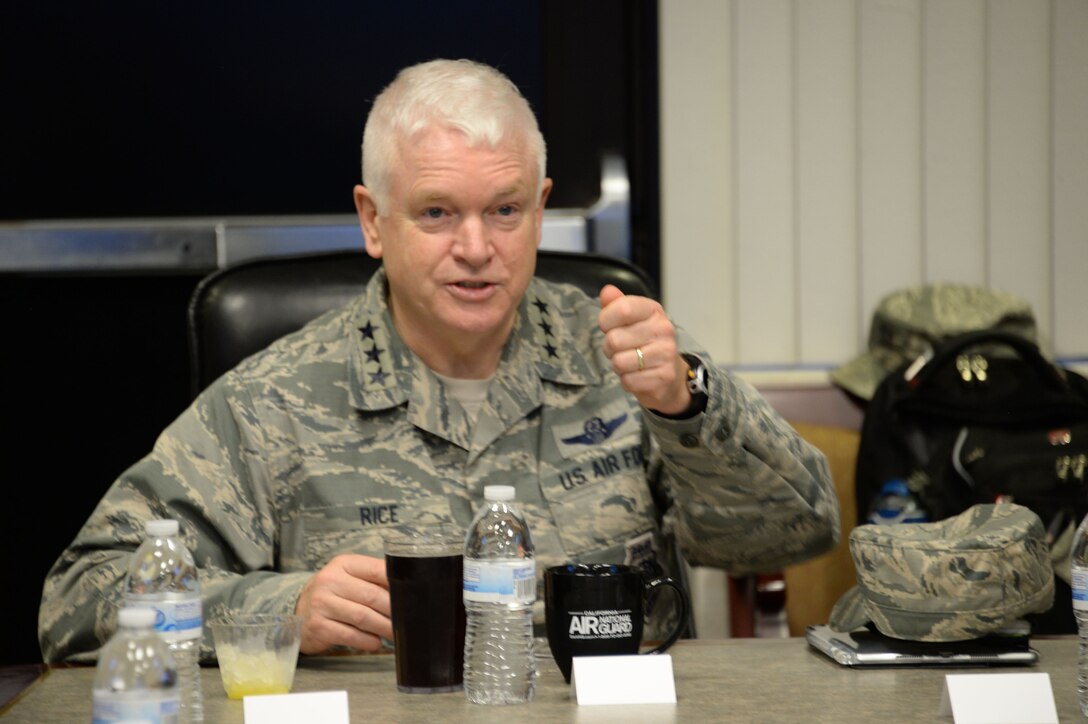 Lt. Gen. L. Scott Rice, the Director of the Air National Guard, briefs members of the 144th Fighter Wing leadership Jan. 7, 2018.