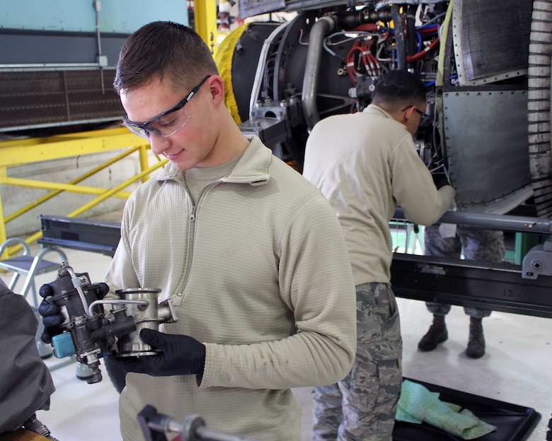 Airman 1st Class Jeremy Short and Airman 1st Class Austin Bowen work on engine maintenance at Selfridge Air National Guard Base, Mich., Jan. 6, 2017. The Airmen are both aerospace propulsion technicians in the 127th Aircraft Maintenance Squadron, 127th Wing here.