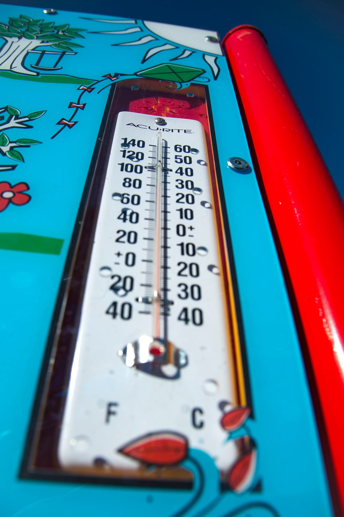 A thermometer rests in a panel at a playground, Jan. 4, 2018, at Moody Air Force Base, Ga. The 23d Force Support Squadron rebuilt and designed the new playground to improve quality of life and safety for Team Moody families. (U.S. Air Force photo by Airman 1st Class Erick Requadt)