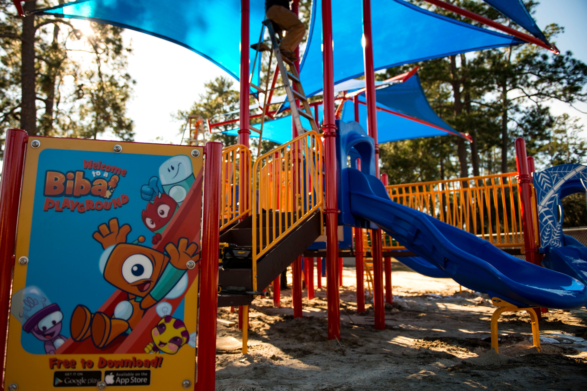 Professional playground installers construct a new playground, Jan. 4, 2018, at Moody Air Force Base, Ga. The 23d Force Support Squadron rebuilt and designed the new playground to improve quality of life and safety for Team Moody families. (U.S. Air Force photo by Airman 1st Class Erick Requadt)