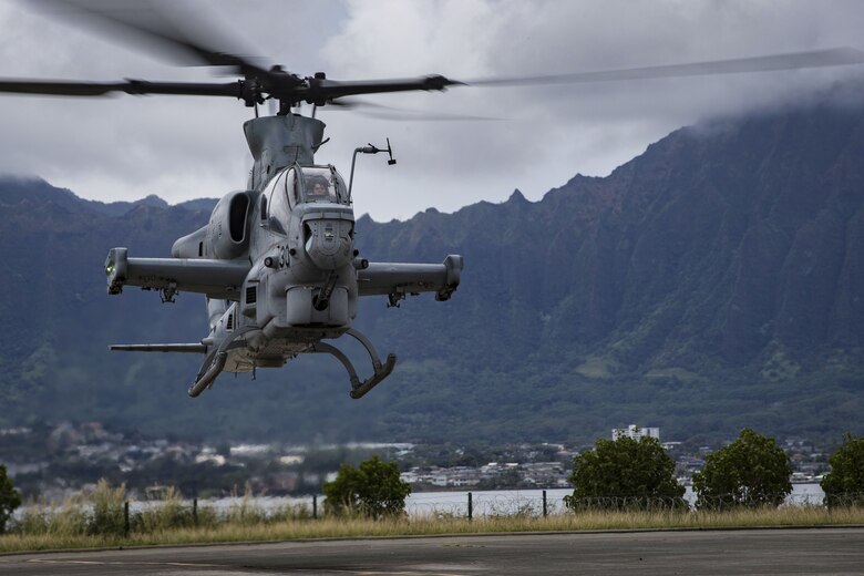 U.S. Marine Corps AH-1Z Viper helicopters arrive at Marine Corps Air Station, Kaneohe Bay, Dec. 19, 2017. The arrival of the fourth-generation attack helicopters enhances the capabilities and power projection of Marine Light Attack Helicopter Squadron 367, Marine Aircraft Group 24, 1st Marine Aircraft Wing and MCBH. (U.S. Marine Corps Photo by Sgt. Alex Kouns)