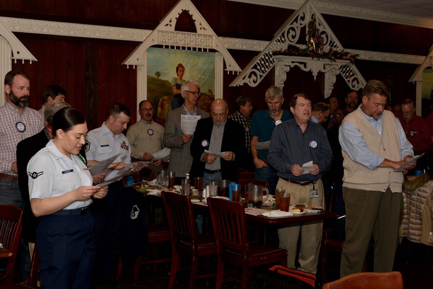Goodfellow Air Force Base members join San Angelo Rotary Club members as they recite The Four Way Test during a luncheon at a restaurant in San Angelo, Texas, Jan. 5, 2017. The Rotary club uses The Four Way Test as a moral, personal and business code for decision making.