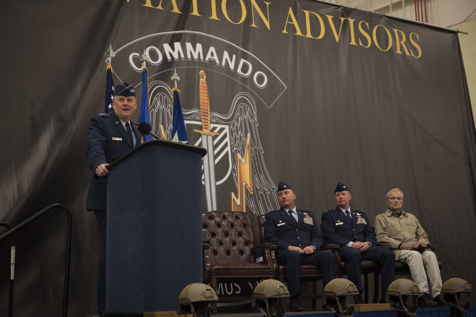 Lt. Gen. Brad Webb, commander of Air Force Special Operations Command, addresses Air Commandos and honored guests in a ceremony at Duke Field