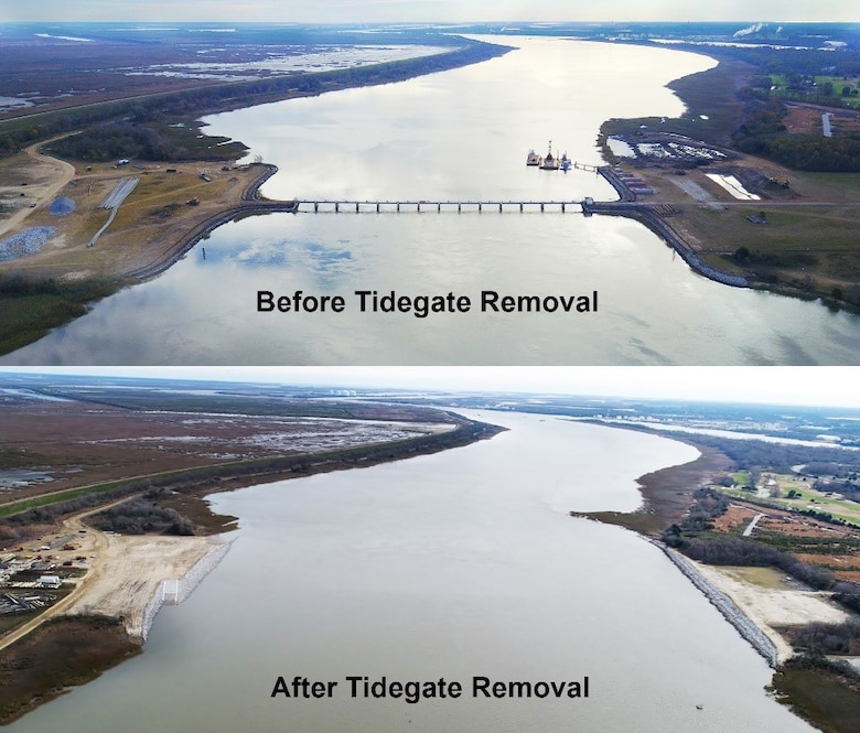 Before: This 2016 file photo shows the Back River tide gates before removal. The removal of the tide returned the Back River to its natural width, removed an obstruction in the river and helped mitigate for the upcoming deepening of Savannah harbor.
After: Tide gates between Hutchison Island in the Savannah River and the South Carolina shoreline have been removed as another mitigation step to allow for the deepening of the Savannah harbor. The gates also narrowed the channel. The Army Corps of Engineers removed the gates’ supporting structure under a $21.3 million contract that also created a sill along Hutchinson Island. The removal and the sill creation also enhanced fish habitat in this popular area. The photos depict the Back River before and after tide gate removal. (U.S. Army Corps of Engineers photos)
Original high resolution photos (separated, without embedded titles) available at https://www.flickr.com/photos/savannahcorps/albums/72157676133450232.