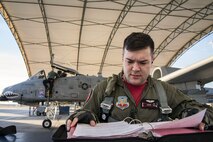 Capt. Haden Fullam, 75th Fighter Squadron pilot, reads a flight plan, Jan. 5, 2018, at Moody Air Force Base, Ga. Team Moody resumed its flying operations after a Jan. 3 snow storm halted all maintenance and flying operations. (U.S. Air Force photo by Airman Eugene Oliver)