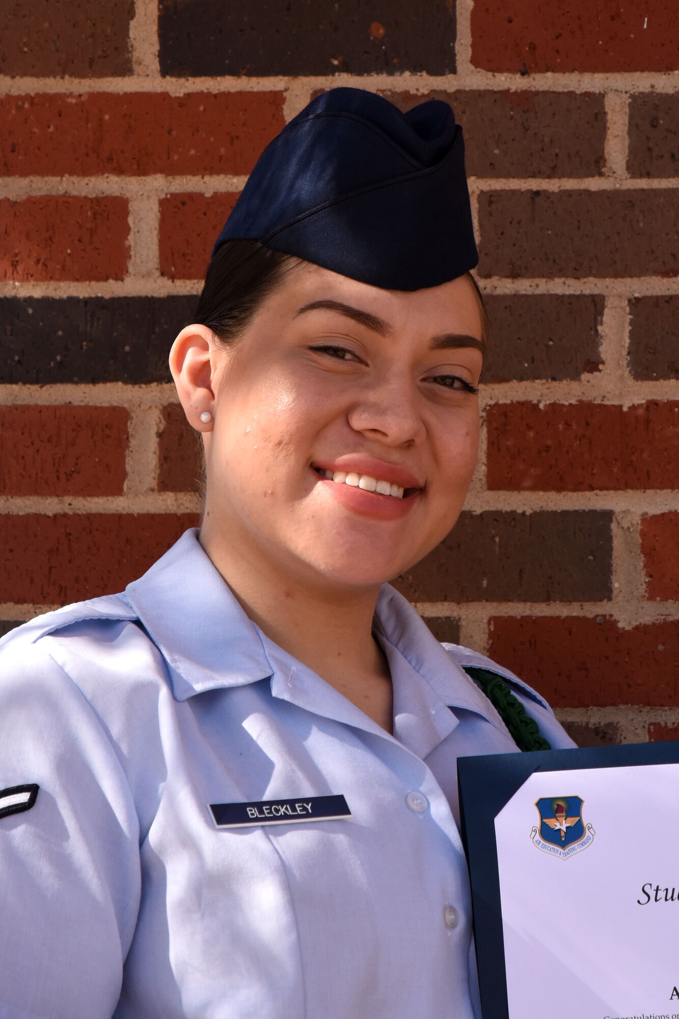 315th Training Squadron Student of the Month for Dec. 2017, U.S. Air Force Airman Nina Bleckley, 315th TRS trainee, stands outside the base theater on Goodfellow Air Force Base, Texas, Jan. 5, 2018. Bleckley is the Goodfellow Student of the Month spotlight for December 2017, a series highlighting Goodfellow students. (U.S. Air Force photo by Airman 1st Class Seraiah Hines/Released)