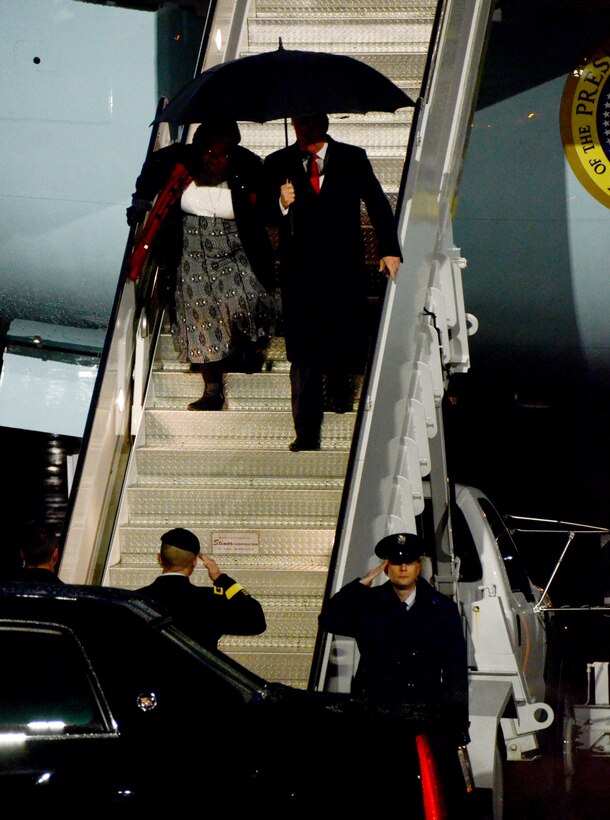 President Donald J. Trump and Alveda King, niece of Martin Luther King, Jr., disembark Air Force One at Dobbins Air Reserve Base, Ga., Jan. 8, 2018. The president signed legislation to designate Martin Luther King, Jr.'s birthplace in Georgia as a national historic park. (U.S. Air Force photo/Don Peek)