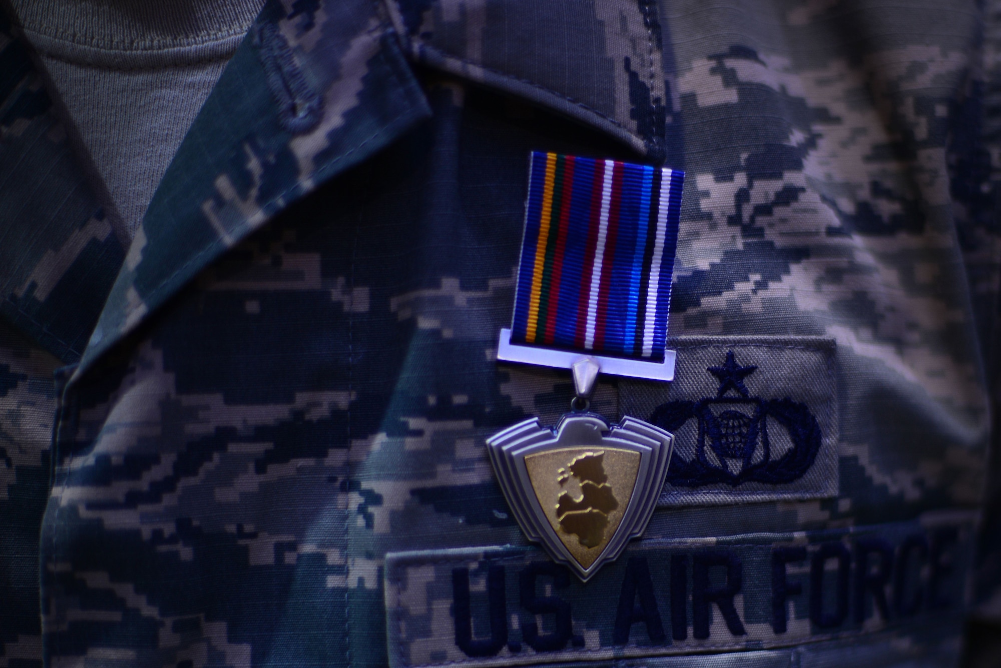 U.S. Air Force Airmen from the 493rd Expeditionary Fighter Squadron belonging to Royal Air Force Lakenheath, England receive the NATO Baltic Air Police medal during the official Baltic Air Policing hand-over, take-over ceremony at Siauliai Air Base, Lithuania Jan. 8. The United States Air Force transferred control of the NATO Baltic Air Policing mission to the Royal Danish air force, who will begin the 46th rotation of the NATO operation. (U.S. Air Force photo/ Tech. Sgt. Matthew Plew)