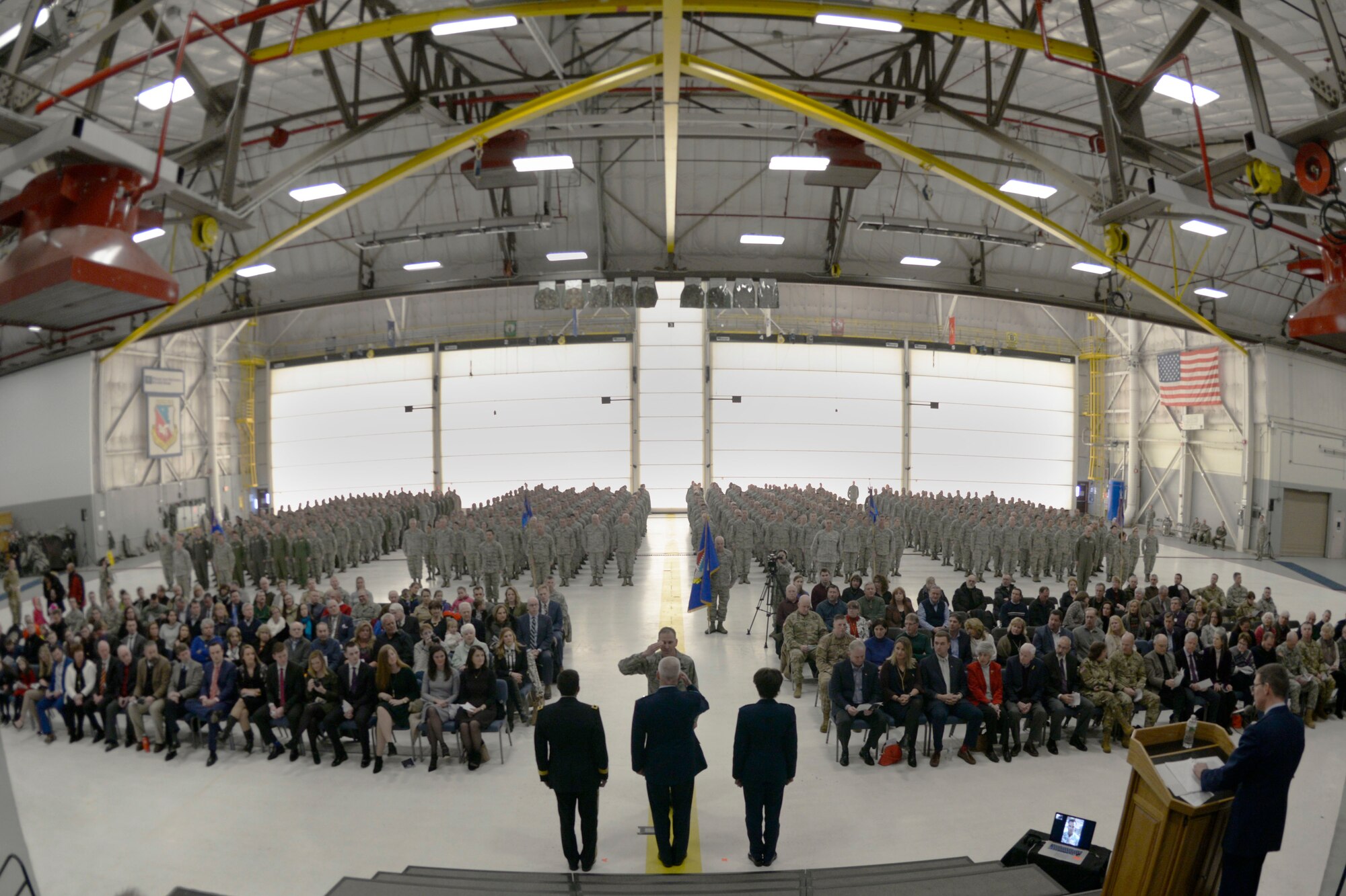 Col. James Ryan, the 157th Air Refueling Wing commander, renders a salute to Brig. Gens. David Mikolaities, Paul Hutchinson, and Laurie Farris, the adjutant general and assistant adjutant general of the N.H. National Guard, and the chief of staff, during Hutchinson's retirement at Pease Air National Guard Base, N.H., Jan. 6, 2018. General Hutchinson retired after serving more than 37 years. (N.H. Air National Guard photo by Senior Airman Taylor Queen)