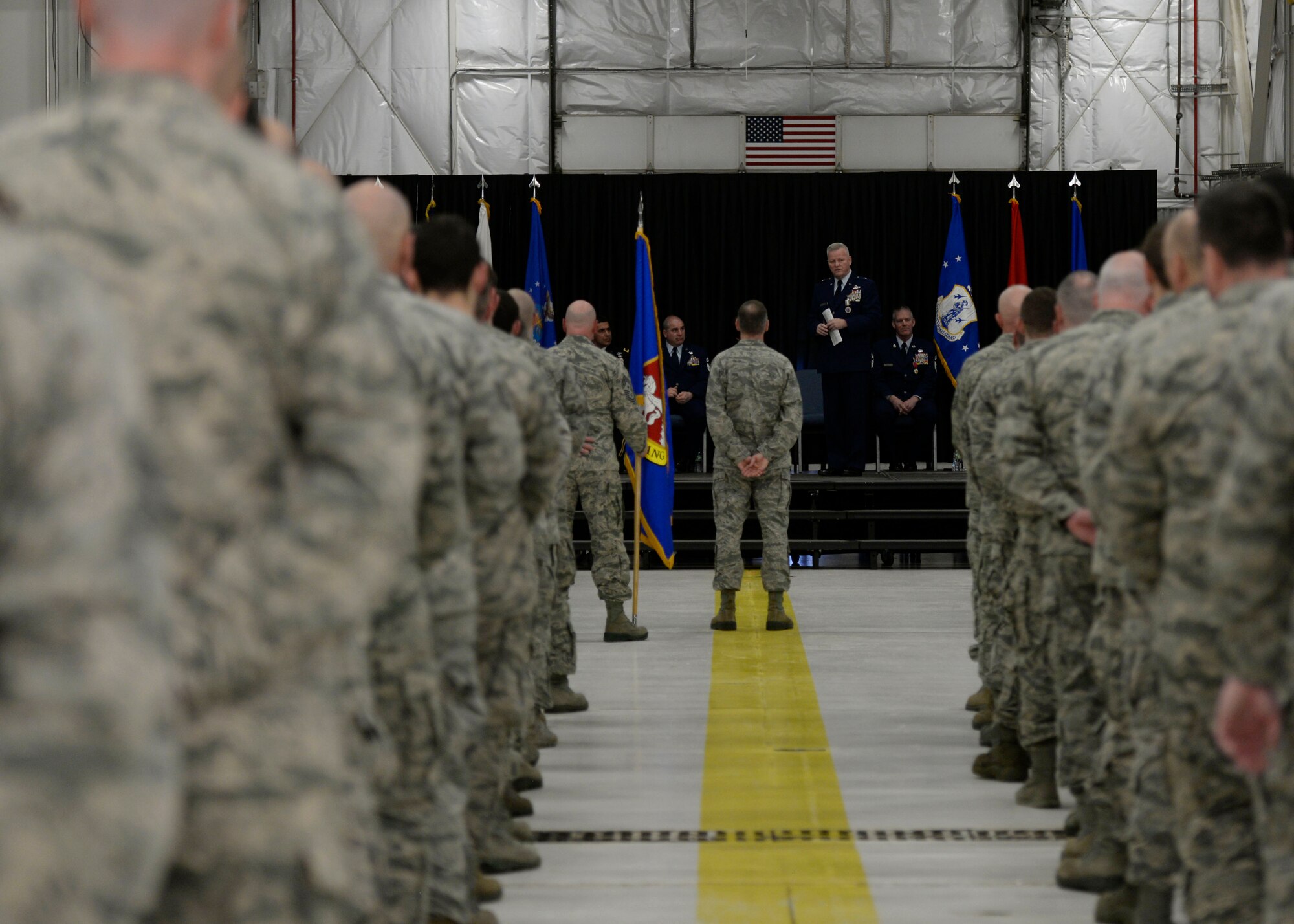 Brig. Gen. Paul Hutchinson addresses members of the 157th Air Refueling Wing during his retirement ceremony at Pease Air National Guard Base, N.H., Jan. 6, 2018. Hutchinson retired after serving as the assistant adjutant general for three years. (N.H. Air National Guard photo by Senior Airman Taylor Queen)