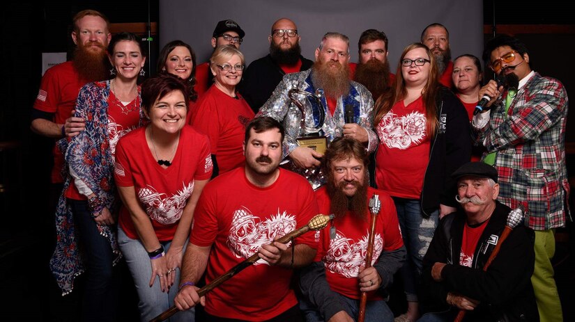 Members of the Hampton Roads Beard and Stache Society poses for a photo during the Whiskers of War 2017 competition at Shaka’s Live, Va., Nov. 11, 2017.