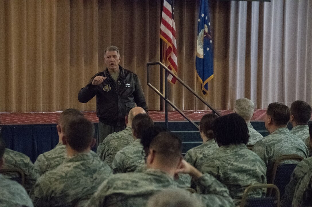 U.S. Air Force Col. Robert VanHoy, 307th Bomb Wing commander, addresses Airmen during a commander’s call on Barksdale Air Force Base, La., Jan. 7, 2018.