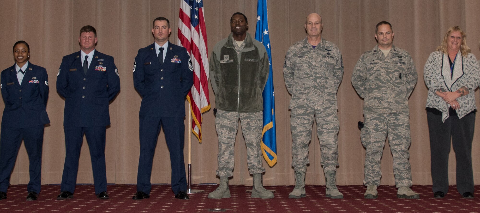 U.S. Air Force Airmen stand to be recognized during the 307th Bomb Wing commander’s call at Barksdale Air Force Base, La., Jan. 7, 2018.