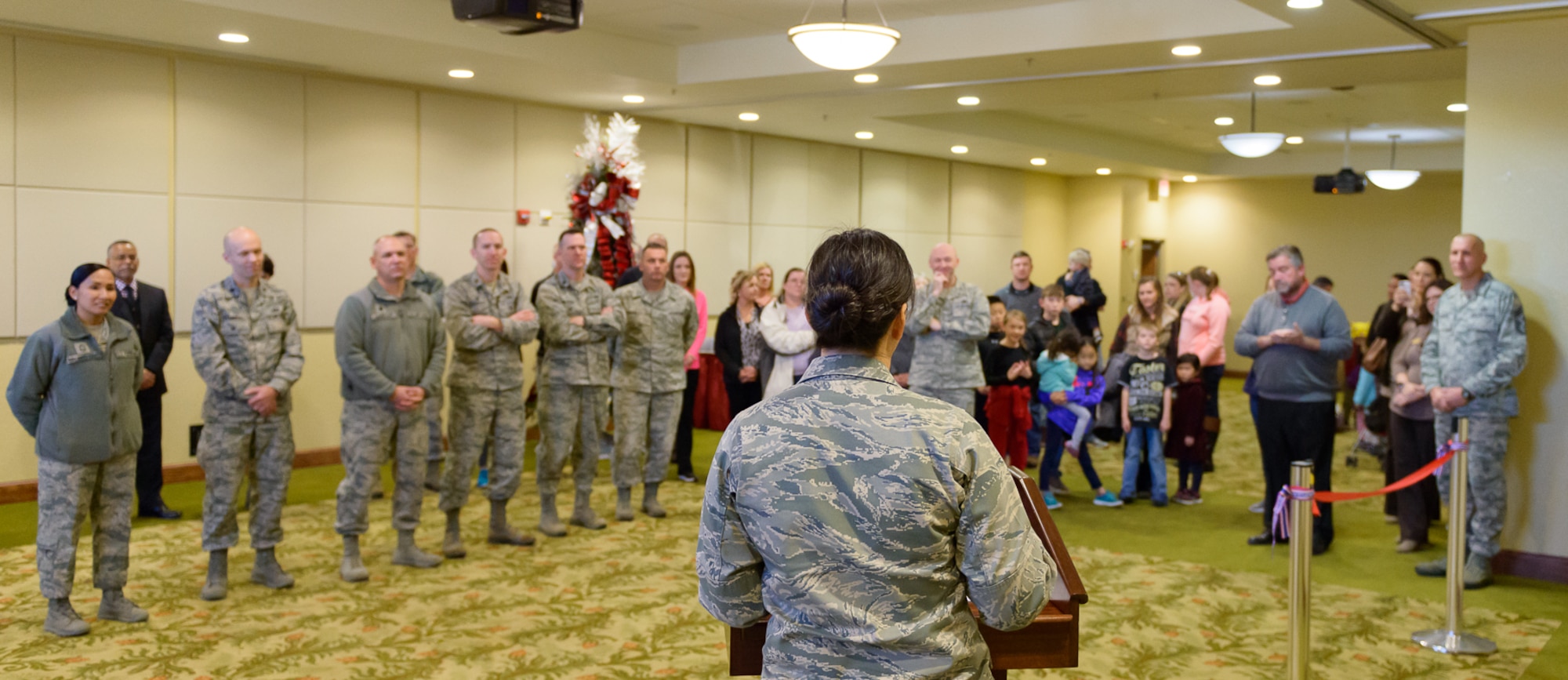 Col. Debra Lovette, 81st Training Wing commander, delivers opening remarks during the Keesler Play Place Grand Opening ceremony at the Bay Breeze Event Center Jan. 3, 2018, on Keesler Air Force Base, Mississippi. The play place was created after surveying the Keesler community and listening to their feedback in regards to needing an indoor place to go during extreme weather conditions. Included in the area are multiple slides, climbing apparatuses, obstacles and a lounge area. (U.S. Air Force photo by André Askew)