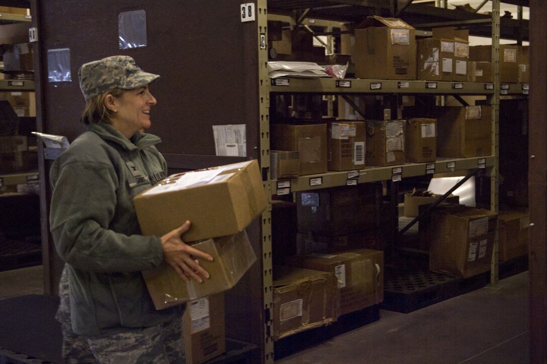 Col. Jennifer Short, 23d Wing commander, delivers parts during a Logistics Readiness Squadron immersion, Jan. 8, 2018, at Moody Air Force Base, Ga. Short’s immersion allowed her to see the processes aircraft parts go through from the time they arrive at Moody to when they’re placed on the aircraft. (U.S. Air Force photo by Senior Airman Daniel Snider)