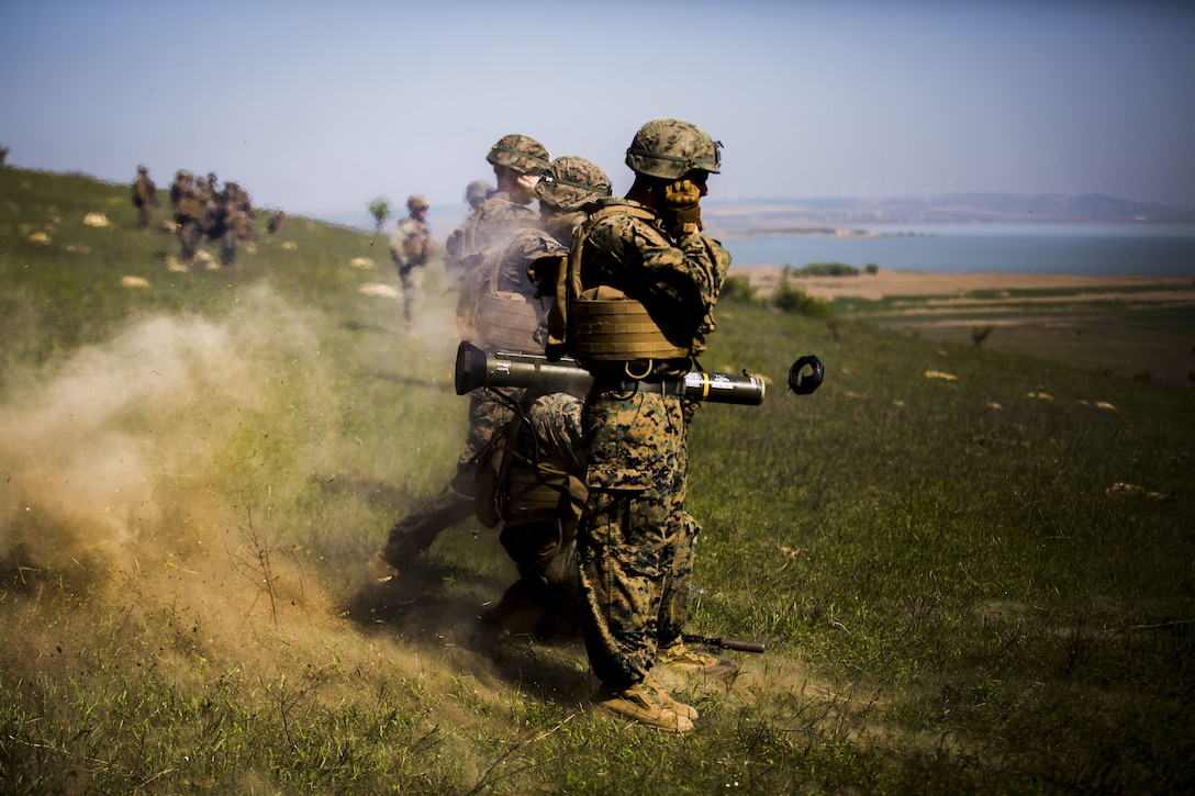 Marine fires AT-4 missile launcher during Exercise Platinum Eagle 17.2, at Babadag Training Area, Romania, May 3, 2017