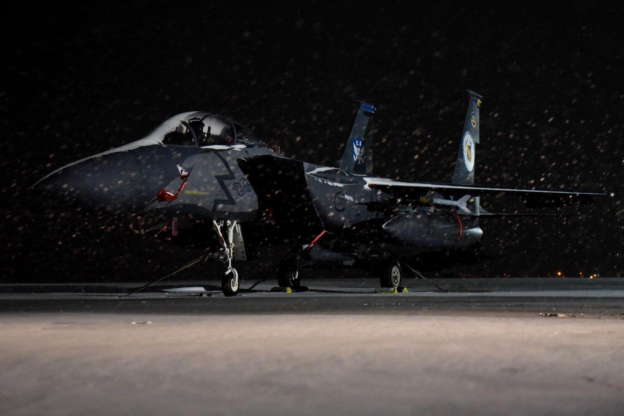 The 4th Fighter Wing’s Heritage Jet on a snow covered flight line Jan. 4, 2018, at Seymour Johnson Air Force Base, North Carolina.