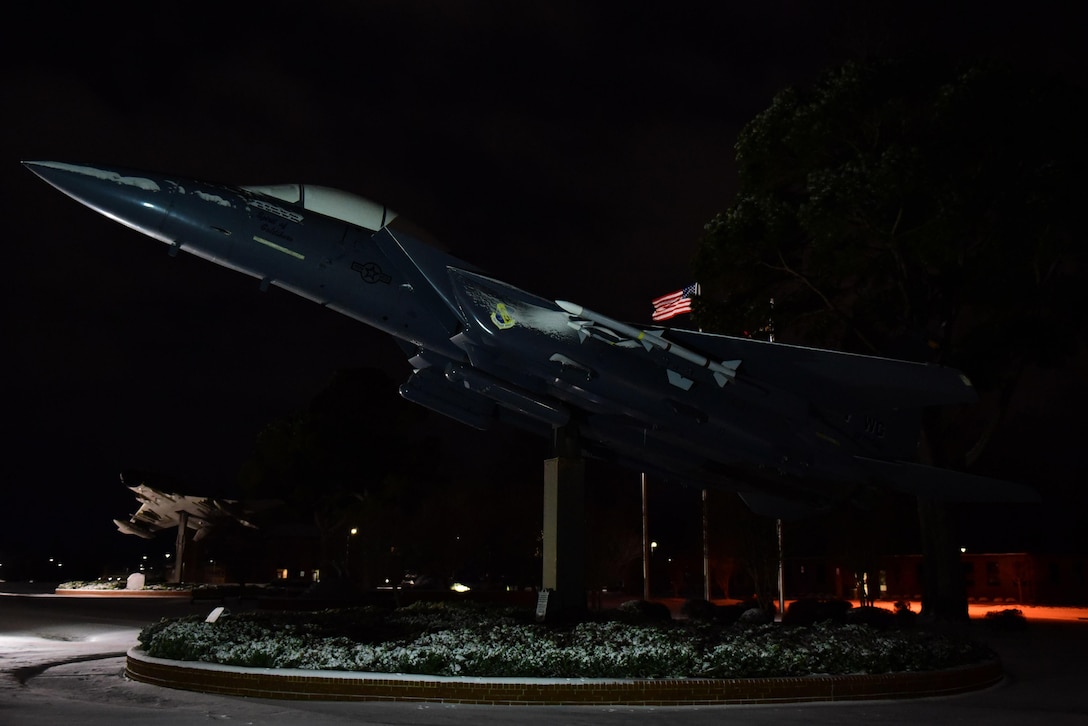 An F-15E Strike Eagle static display in Heritage Park Jan. 4, 2018, at Seymour Johnson Air Force Base, North Carolina. Heritage Park contains aircraft previously and currently flown by the 4th Fighter Wing. Seymour Johnson AFB was hit with its first snow storm of the year. (U.S. Air Force photo by Airman 1st Class Victoria Boyton)