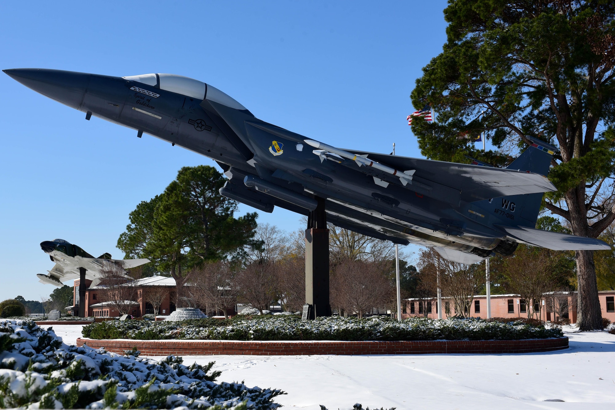 An F-15E Strike Eagle static display in Heritage Park Jan. 4, 2018, at Seymour Johnson Air Force Base, North Carolina. The F-15E Strike Eagle is a dual-role fighter designed to perform both air-to-air and air-to-ground missions. (U.S. Air Force photo by Airman 1st Class Victoria Boyton)